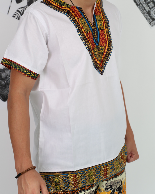 White Dashiki Shirt with Colorful Embroidery