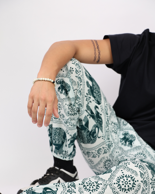 Green and White Elephant Print Harem Pants