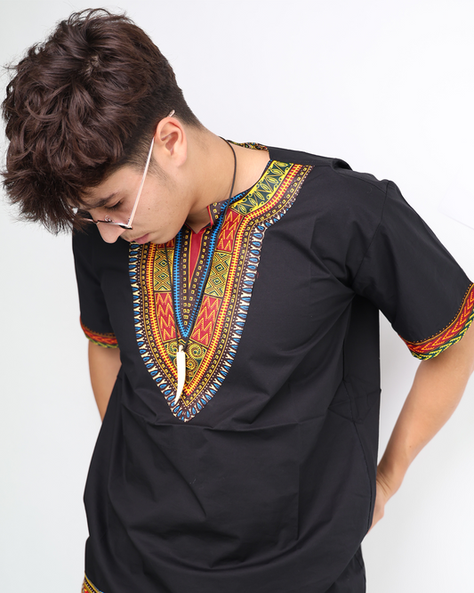 Black Dashiki Shirt with Colorful Embroidery